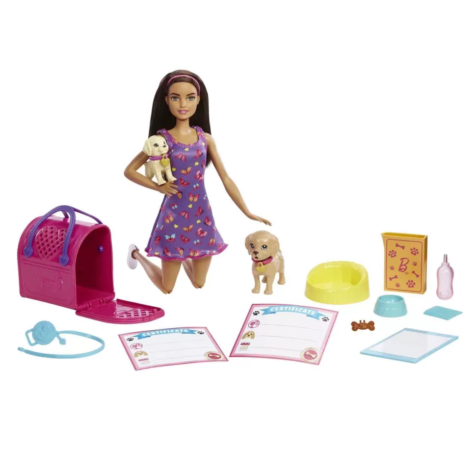 Barbie Adopta Perritos Muneca Con Vestido Morado Perritos Mascota Y Accesorios Para Cuidarles Juguet* Muñecas