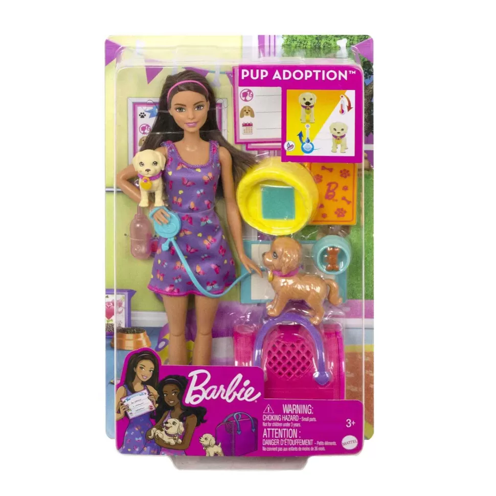 Barbie Adopta Perritos Muneca Con Vestido Morado Perritos Mascota Y Accesorios Para Cuidarles Juguet* Muñecas