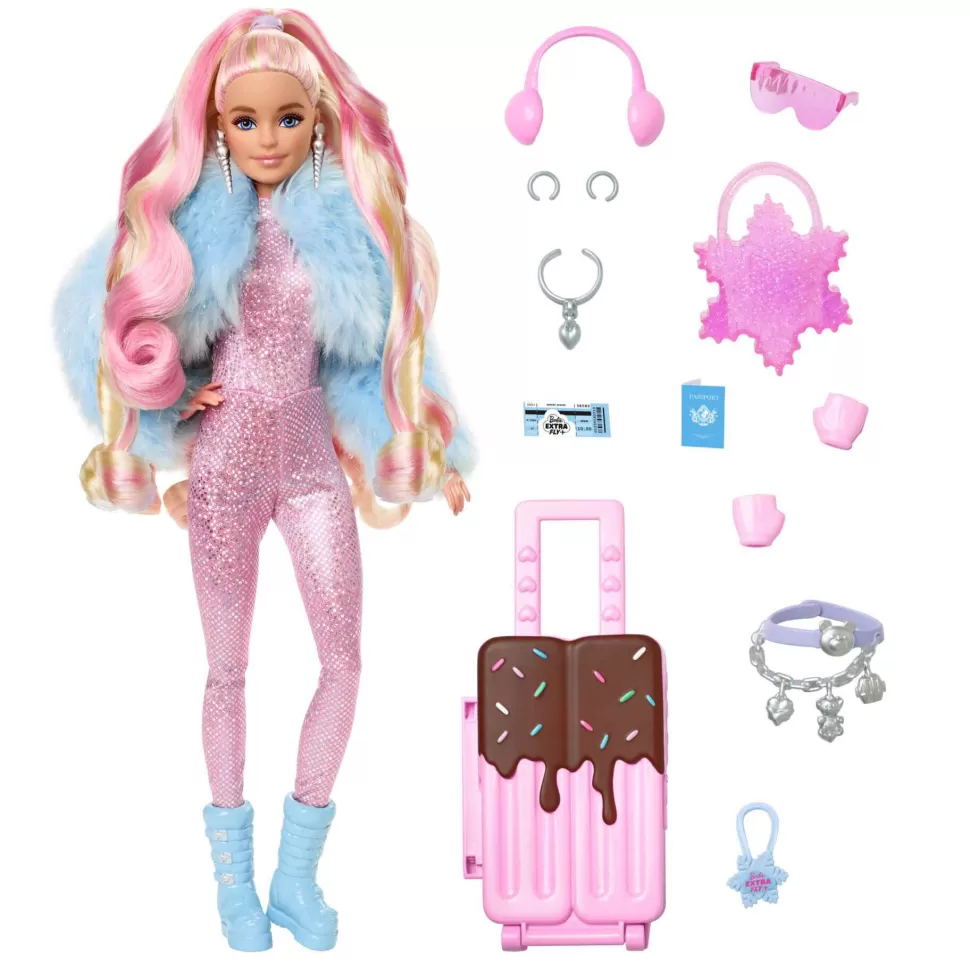 Barbie Muñecas^ Extra Fly Muneca Con Tematica De Viajes Con Conjunto Invernal Para La Nieve Mono Ros