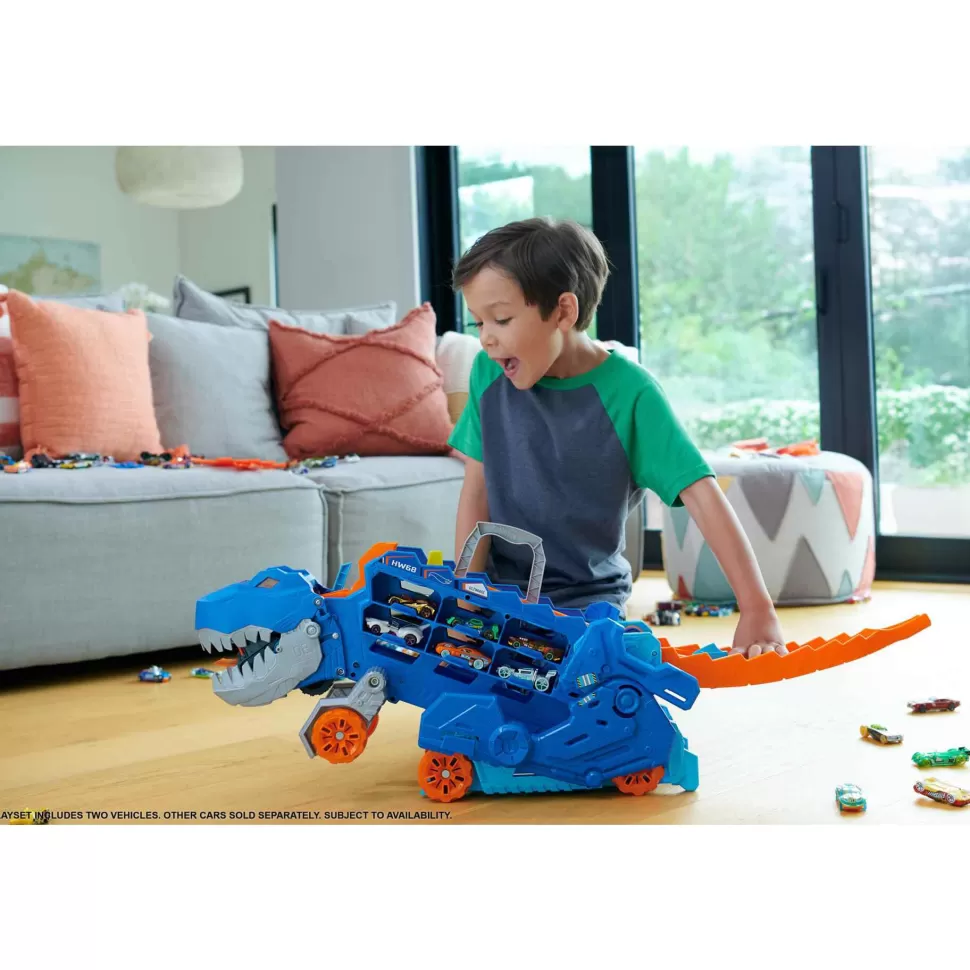 Hot Wheels Vehículos Y Radio Control^ City Camion Trailer Camion Que Se Transforma En Tiranosaurio Rex Pisoteador Con Pista De