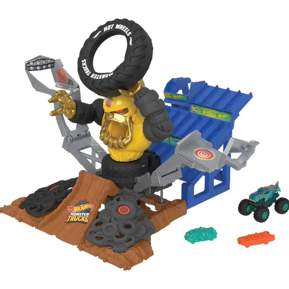 Hot Wheels Vehículos Y Radio Control^ Monster Trucks Arena Smashers Mega-Wrex Contra Crushzilla Takedown Con Camion De Juguete