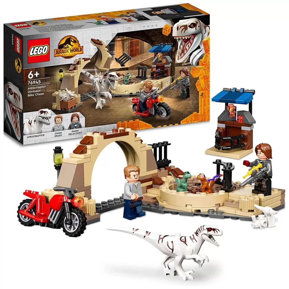 * Jurassic World Persecucion En Moto Del Dinosaurio Atrocirraptor Con Mini Figuras 76945* Juegos De Construcción