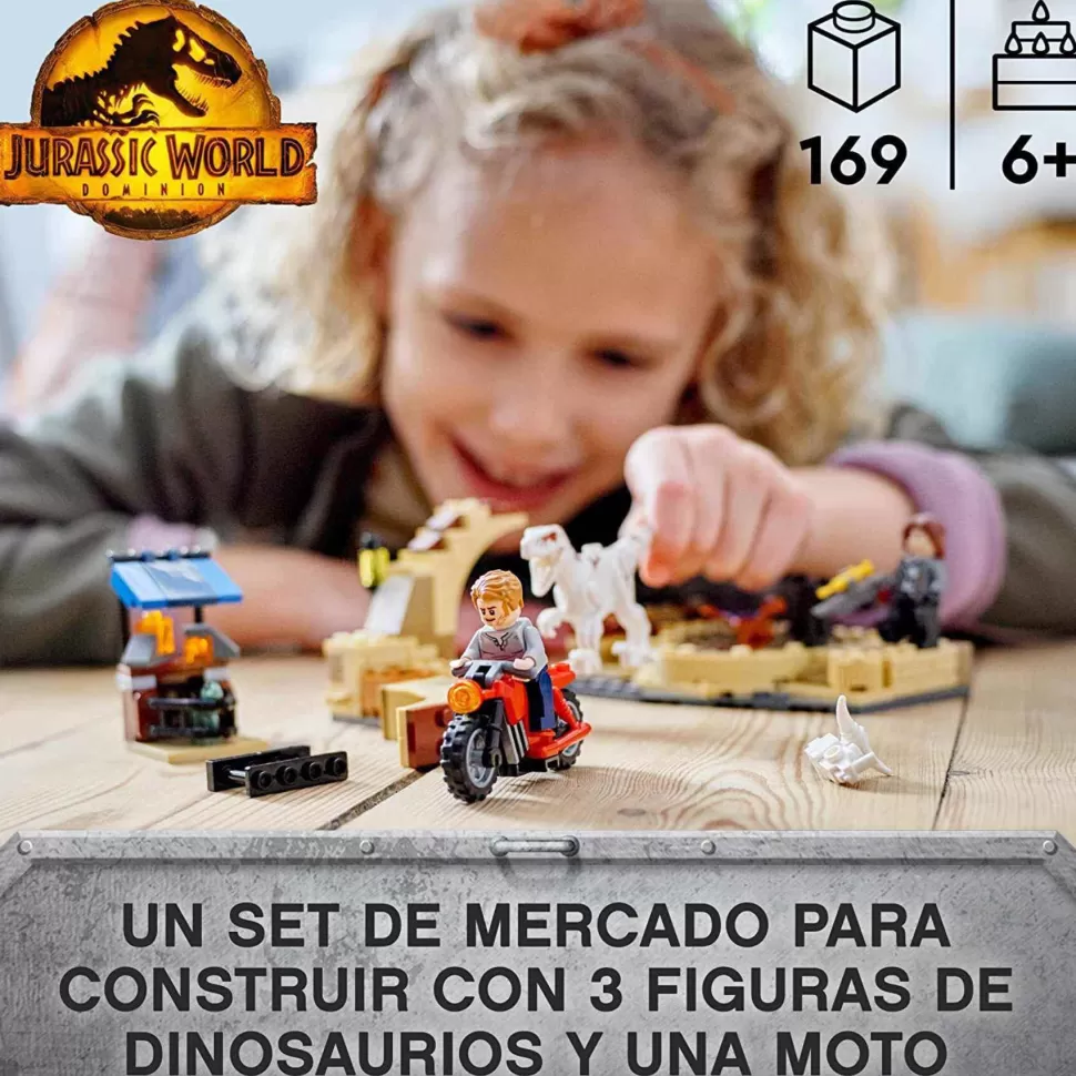 * Jurassic World Persecucion En Moto Del Dinosaurio Atrocirraptor Con Mini Figuras 76945* Juegos De Construcción