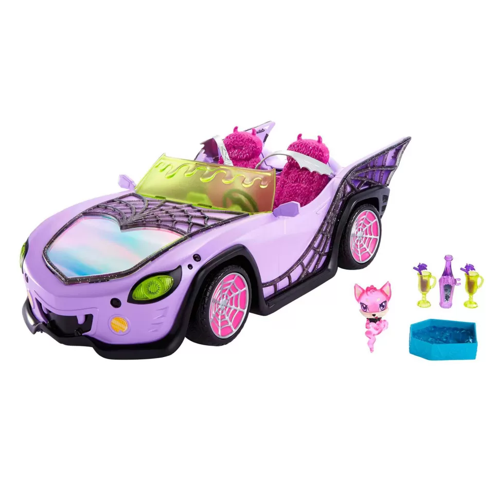 Monster High Coche De Juguete, Movil Ghoul Con Accesorios Para Mascotas Y Refrigeradores* Muñecas