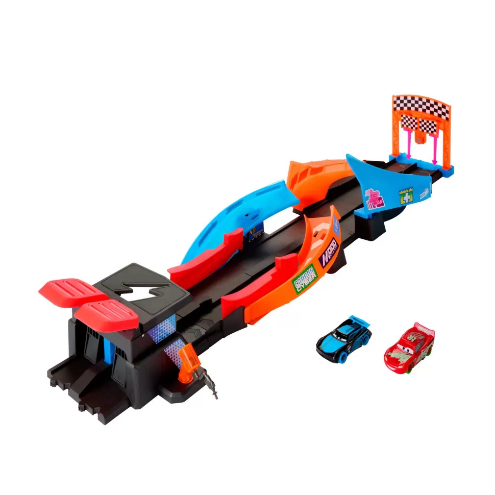 Cars Pixar Night Racing Pista Para Coches De Juguete Que Brilla En La Oscuridad, Incluye 2 Ve* Vehículos Y Radio Control